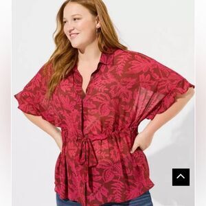 Torrid Chiffon Dolman Button Up Short Sleeve Shirt Pink Floral Tie Waist Size 3X